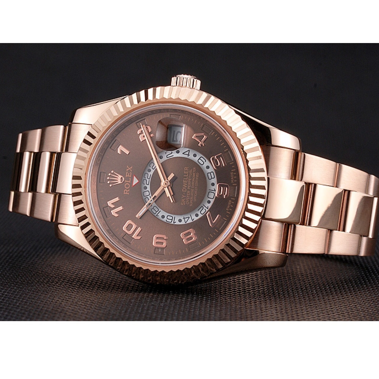 Aaa replica watch Sky Brown Case Bracelet Dweller Dial Gold Ad Rose Rolex 0629